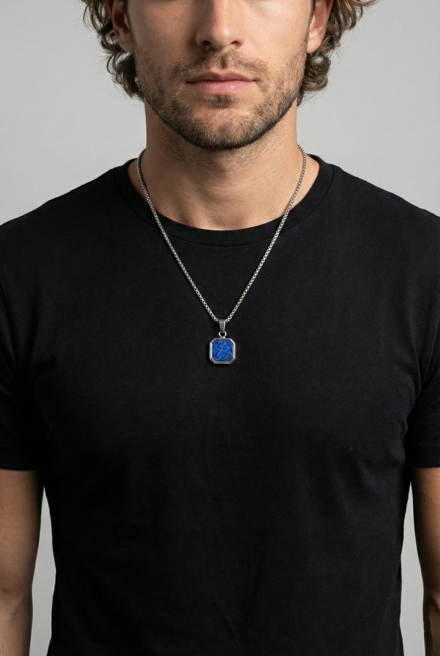Mens blue pendant necklace stainless steel silver waterproof non toxic mens jewelry minimalist chain necklace luxury quality free shipping fast delivery